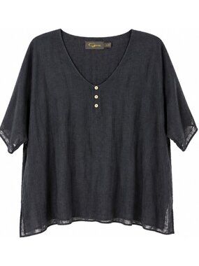 Goa Women’s Large Black Flowy Lined Tunic Top Asymmetrical Hem V-Neck Side Slits